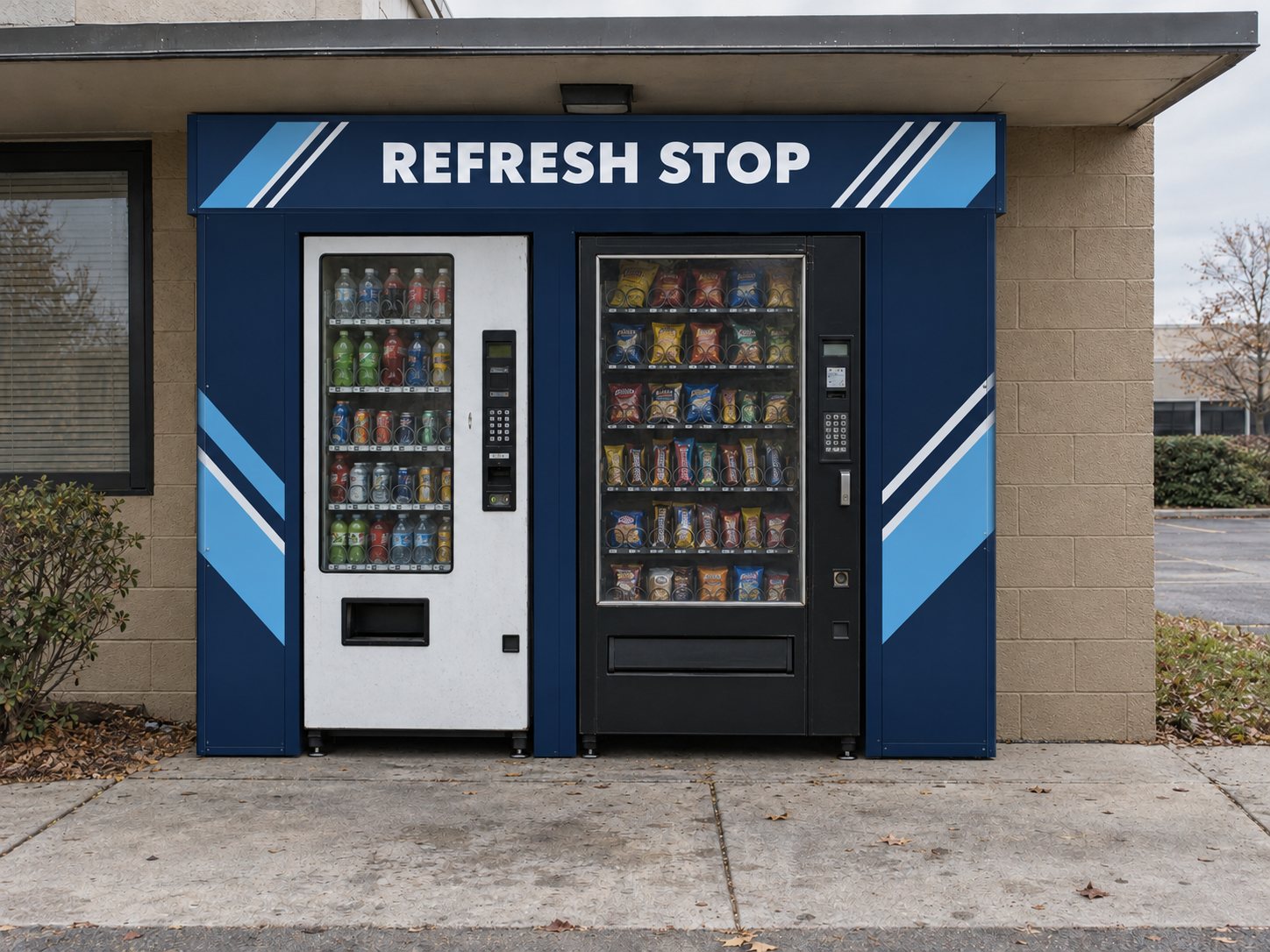 The same machines inside a navy and sky-blue branded vending enclosure with a Refresh Stop header