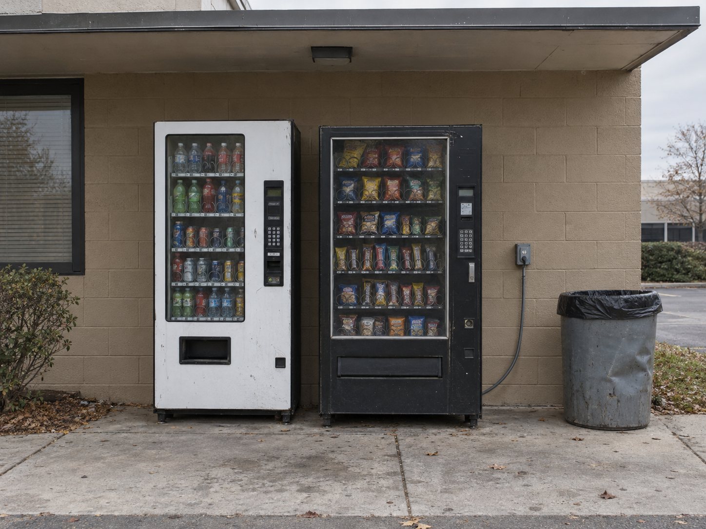 Two vending machines against a plain wall with exposed sides and cords